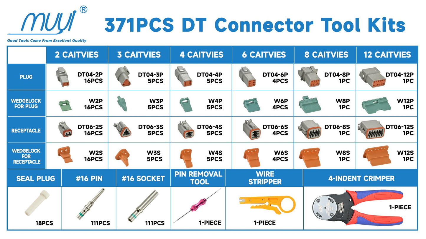 MUYI 371PCS DT Connector Kits, 2/3/4/6/8/12 Pin Connectors for 20 18 16 14AWG Cable Harness, Included Size 16 Solid Barrel Contacts, Wire Crimper, Wire Strippers and Pin Socket Removal Tool