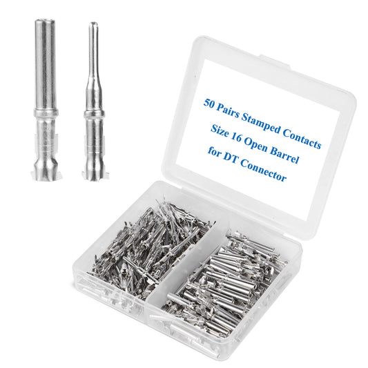 MUYI 50 Pairs DT Connector Terminals Kit, Size 16 Stamped Contacts Male Pins & Female Sockets Open Barrel Replacement Terminal for 18-14AWG