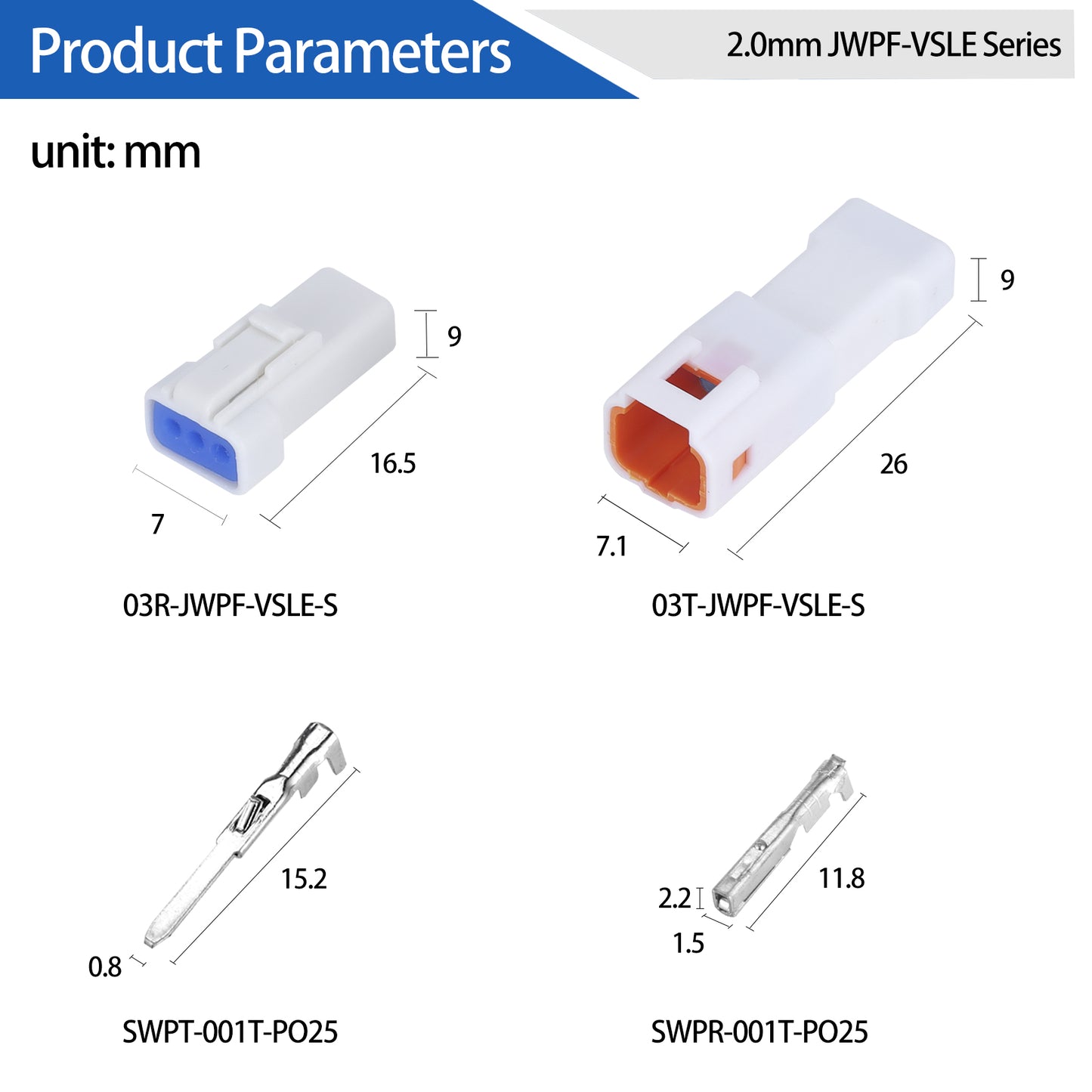 MUYI 5 Kits 3 Pin Way JST Waterproof Connector 26-22 AWG Electric Socket 0.13~0.33mm² Wire-to-Wire Connectors 2.0mm JWPF-VSLE Series JST Plugs