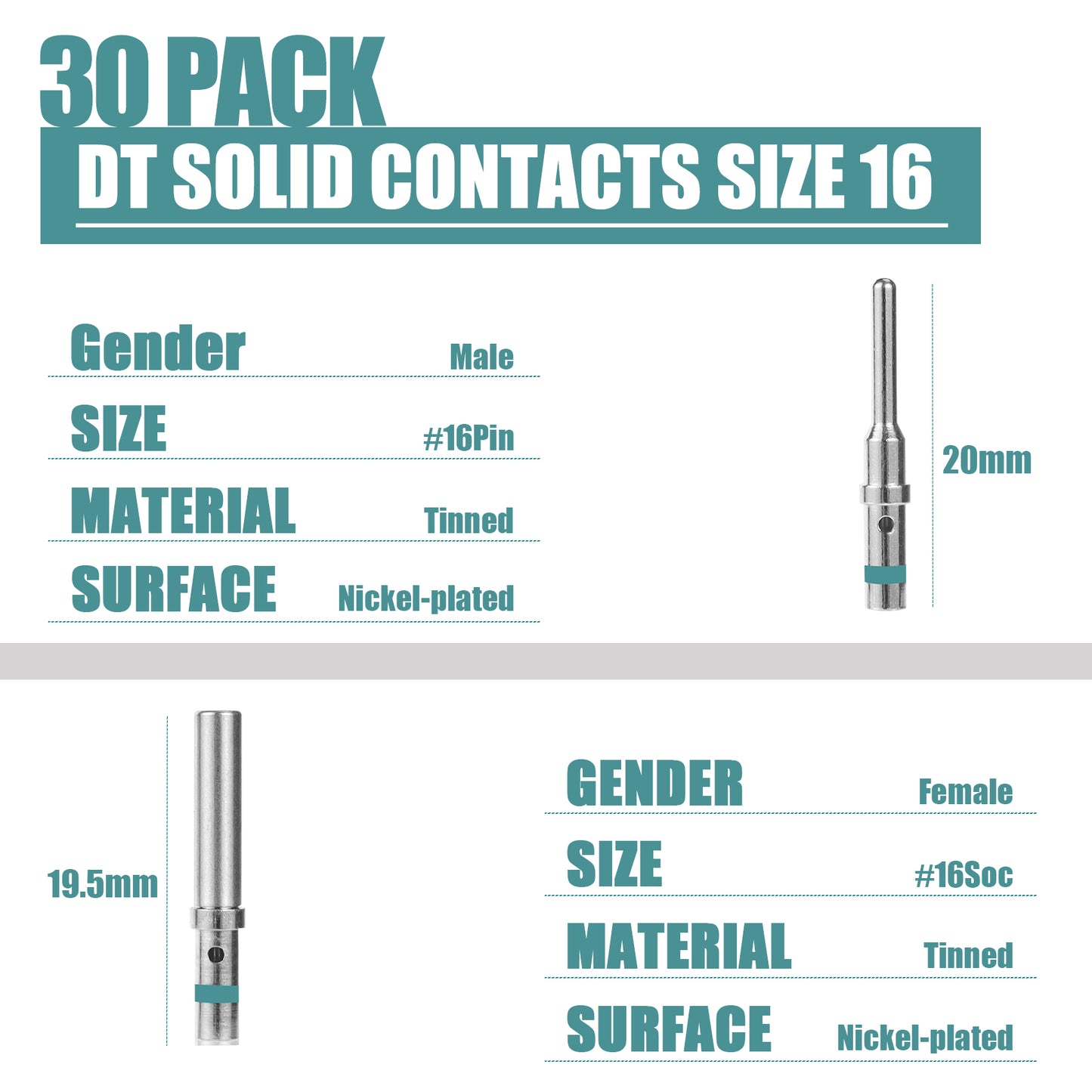 MUYI 30 Pairs DT Connector Terminals Kit, Size 16 Solid Barrel Common Contacts Male Pins & Female Sockets for Wire Harness 20-14AWG