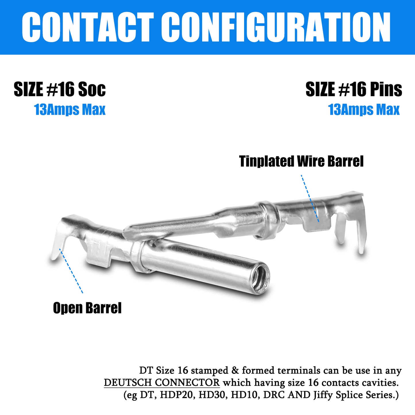 MUYI 50 Pairs DT Connector Terminals Kit, Size 16 Stamped Contacts Male Pins & Female Sockets Open Barrel Replacement Terminal for 18-14AWG