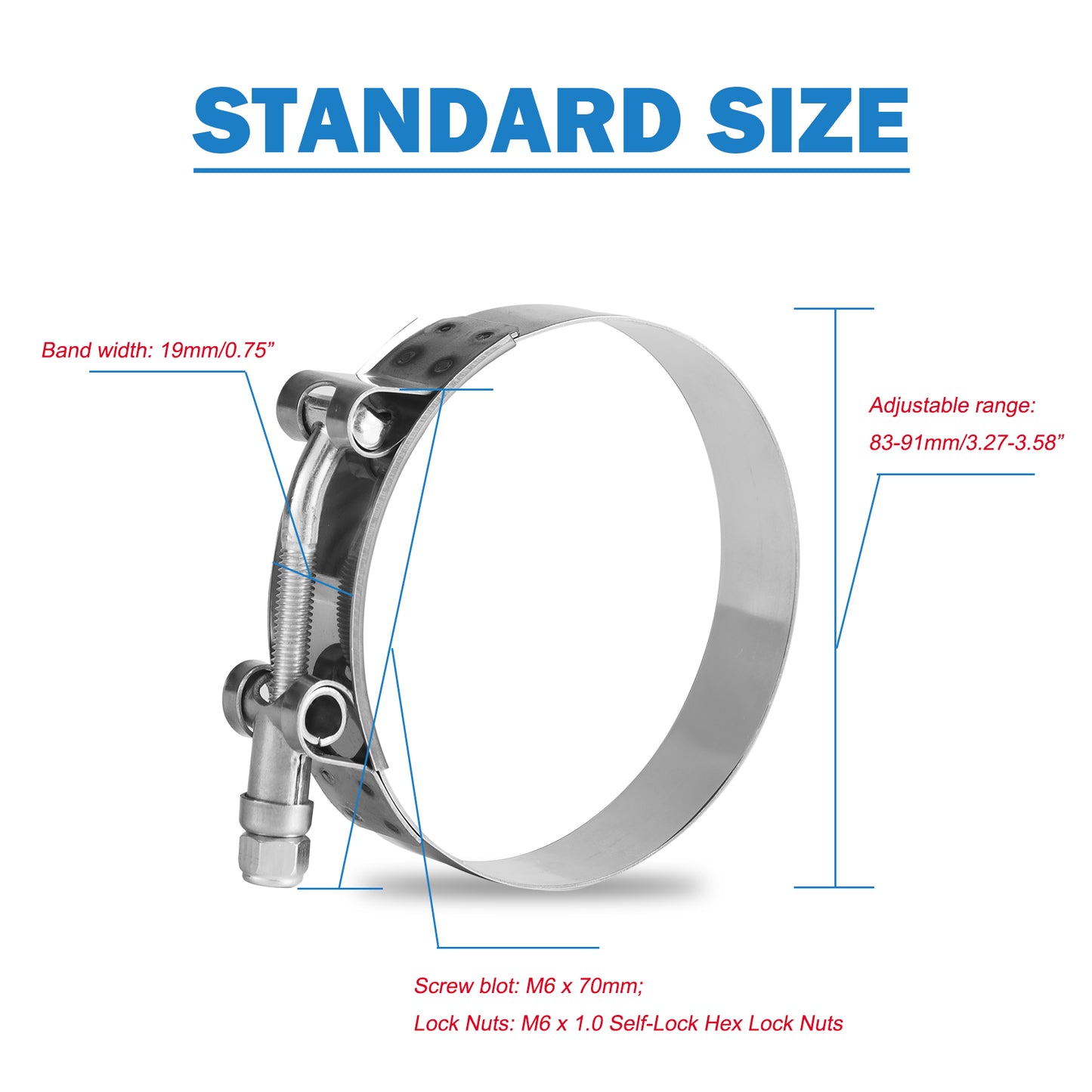 MUYI 4 Pack 3" T-Bolt Clamps, 304 Stainless Steel Turbo Intake Pipe Intercooler Hose Clamp, Working Range 83mm-91mm for 3" ID Silicone Tube