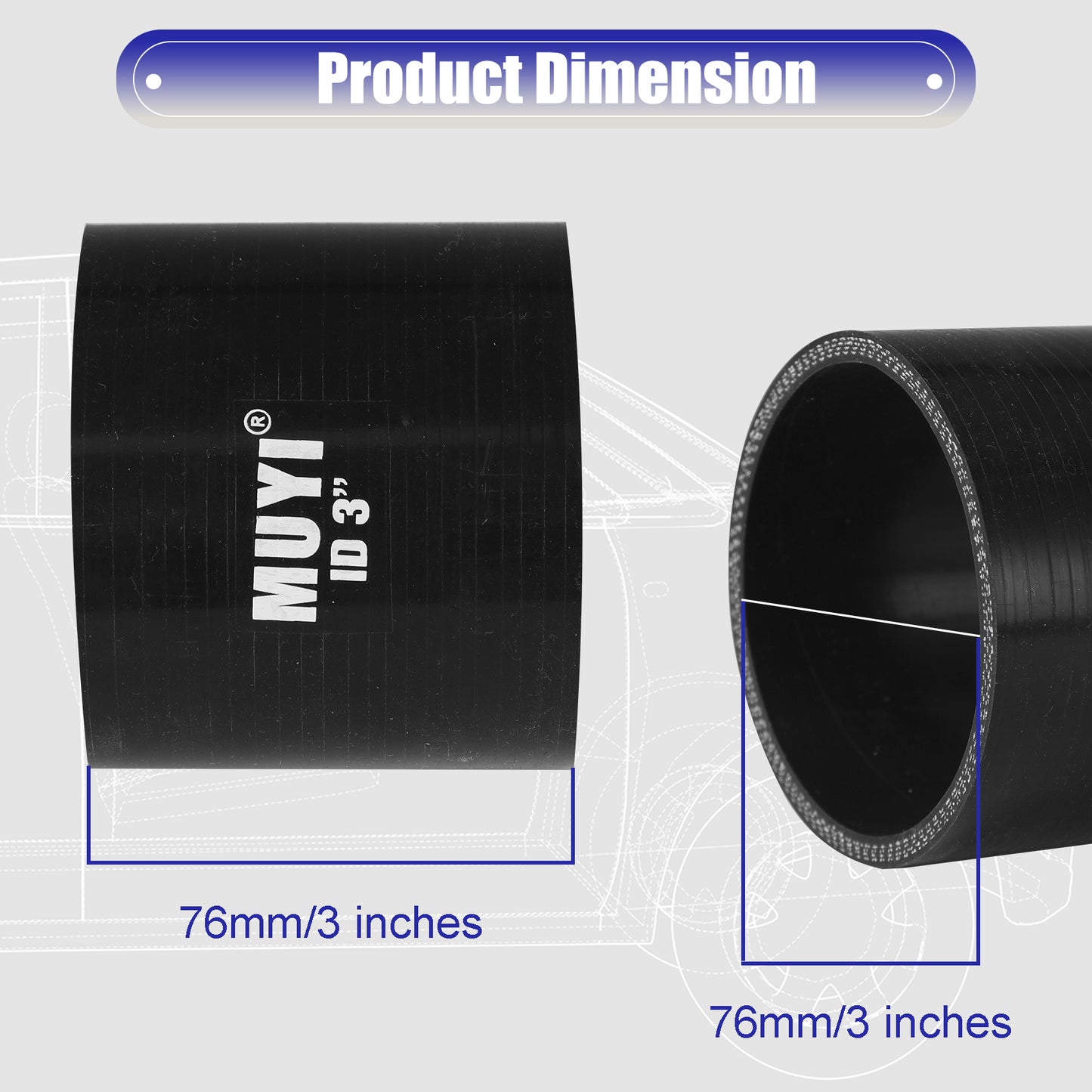 MUYI Straight Hose ID 3" (76mm) Silicone Coupler with 304 Stainless Steel Worm Clamps High Temp 4-Ply Reinforced 5mm Wall Thinckess 3.0" Length