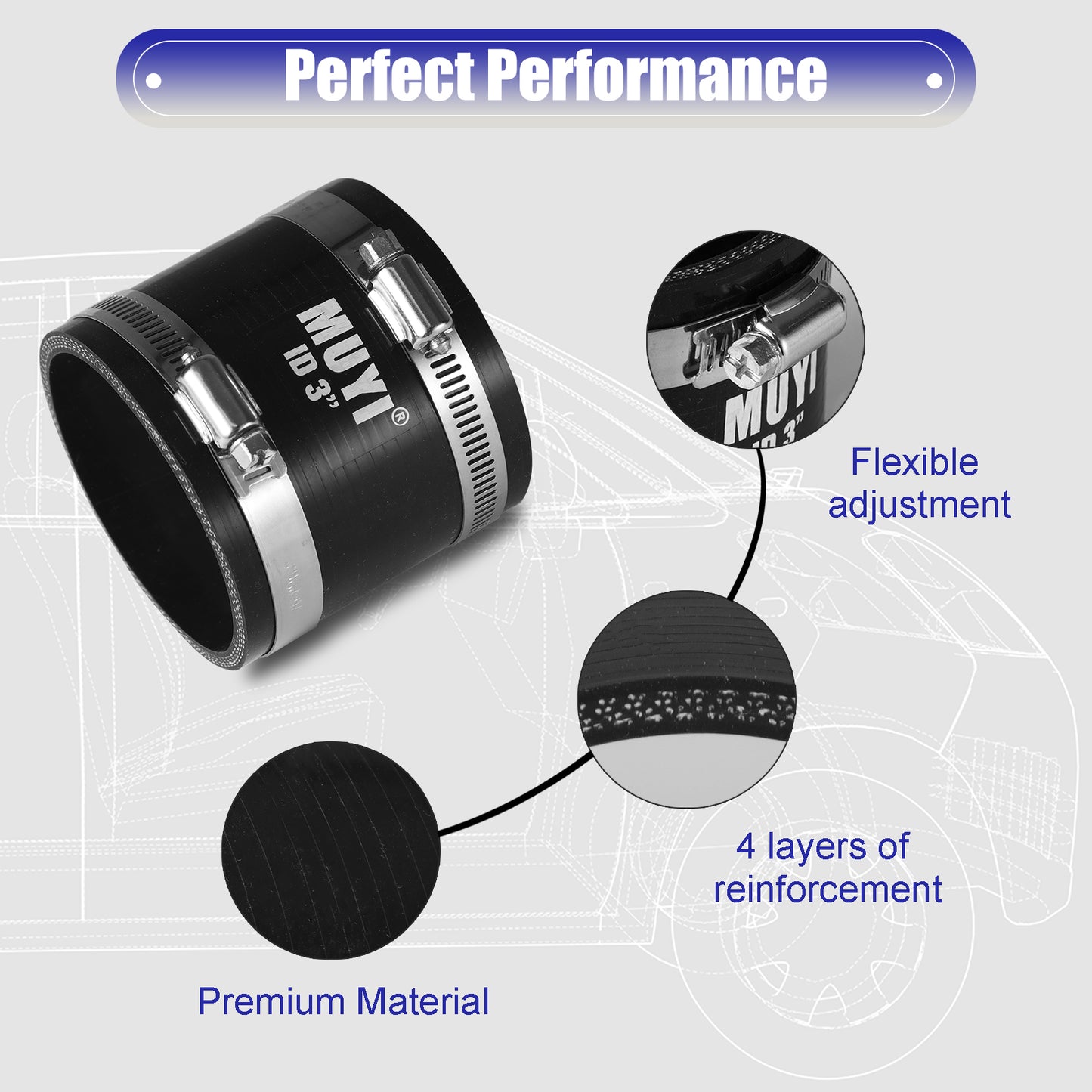 MUYI Straight Hose ID 3" (76mm) Silicone Coupler with 304 Stainless Steel Worm Clamps High Temp 4-Ply Reinforced 5mm Wall Thinckess 3.0" Length