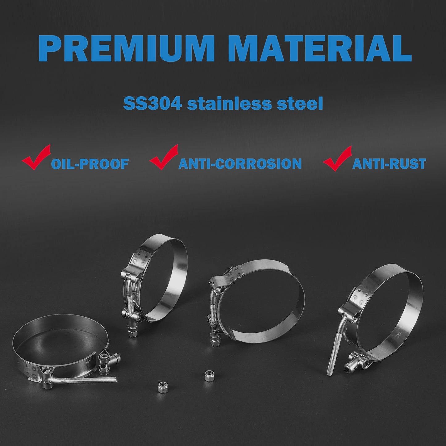MUYI 4 Pack 3" T-Bolt Clamps, 304 Stainless Steel Turbo Intake Pipe Intercooler Hose Clamp, Working Range 83mm-91mm for 3" ID Silicone Tube