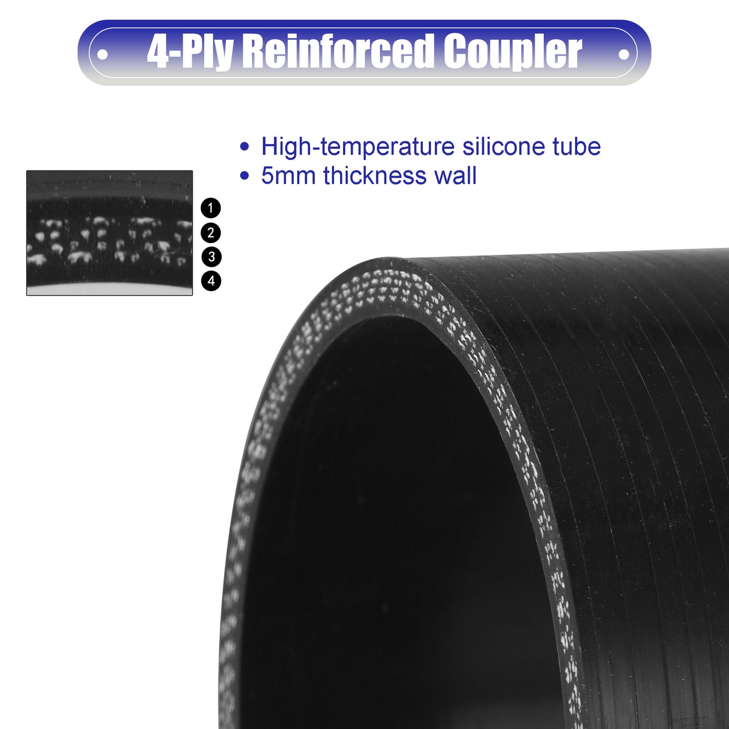 MUYI Straight Hose ID 3" (76mm) Silicone Coupler with 304 Stainless Steel Worm Clamps High Temp 4-Ply Reinforced 5mm Wall Thinckess 3.0" Length