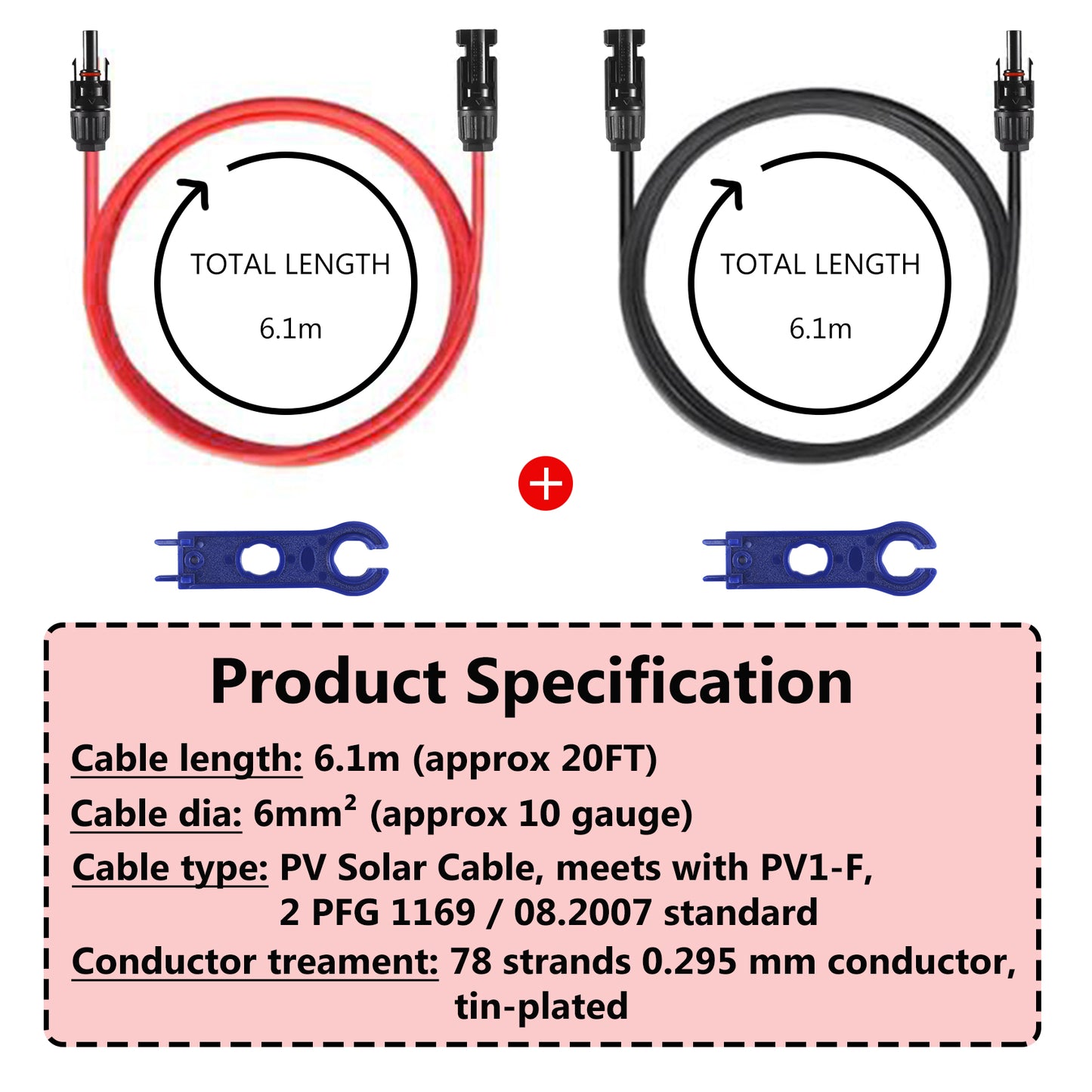 MUYI 20FT 10AWG(6mm²) Solar Extension Cable, Assemby with Female and Male Solar Panel Connector (2PCS Solar Cable 10 Gauge Wire + 2PCS Spanner Wrench)