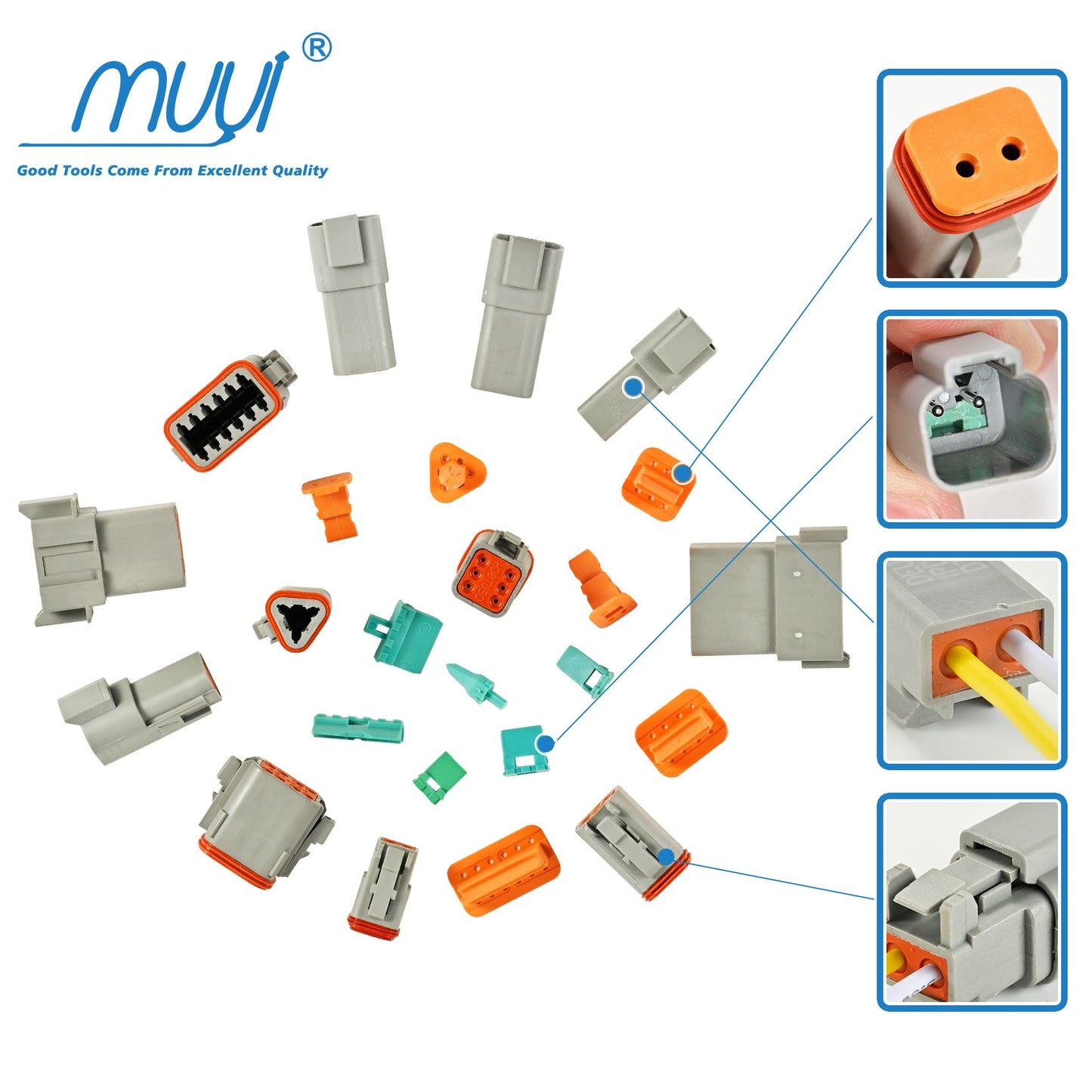 MUYI 371PCS DT Connector Kits, 2/3/4/6/8/12 Pin Connectors for 20 18 16 14AWG Cable Harness, Included Size 16 Solid Barrel Contacts, Wire Crimper, Wire Strippers and Pin Socket Removal Tool