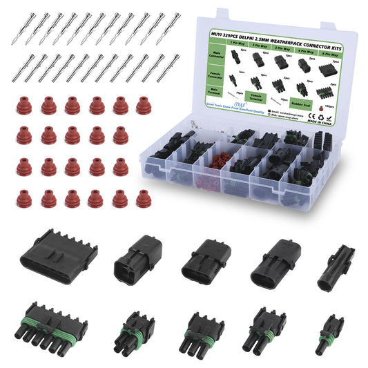 329PCS Weather Pack Connectors Kit, MUYI 23 Sets Waterproof Connector 1/2/3/4/6 Pin Automotive Connectors 20-14AWG Wire Harness Connectors with Terminals Pins Socket Contacts
