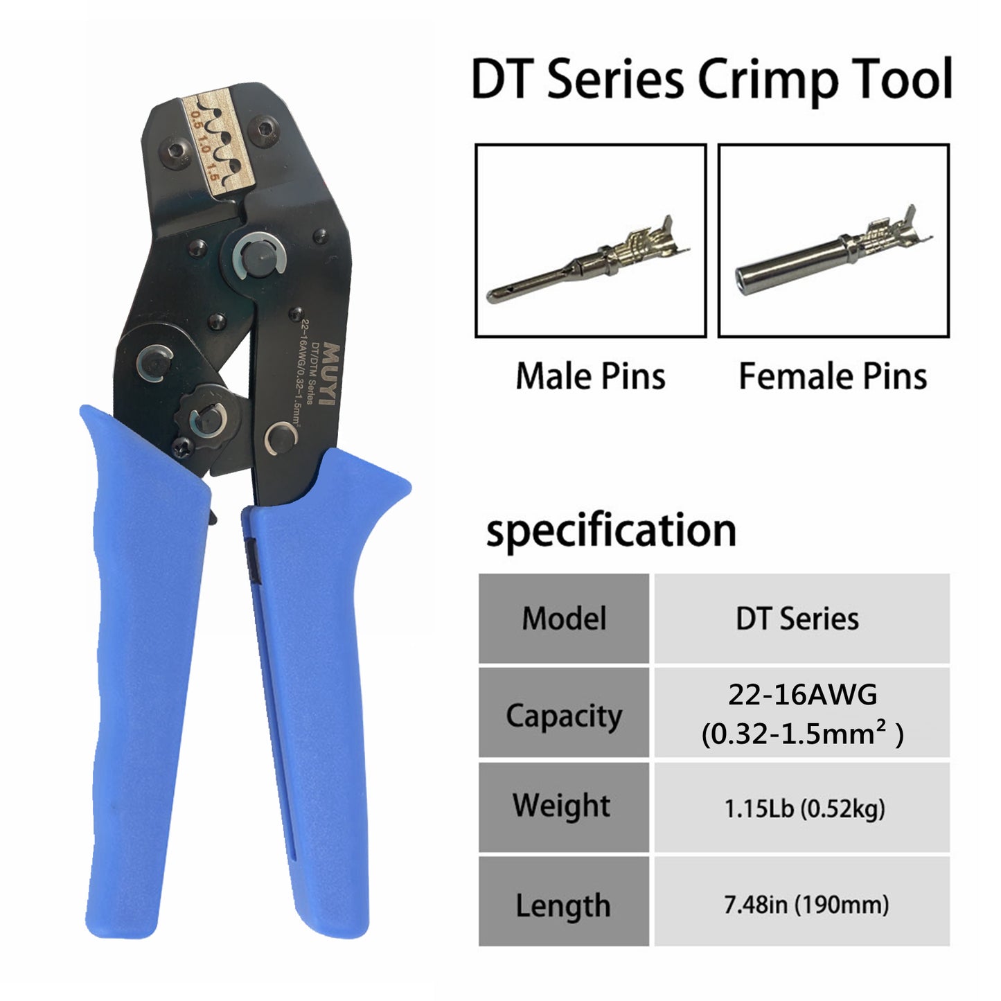 MUYI Ratchet Crimper DT Series 0.32-1.5mm² Wire Crimp Tool 22-16 AWG Ratcheting Crimping Tool