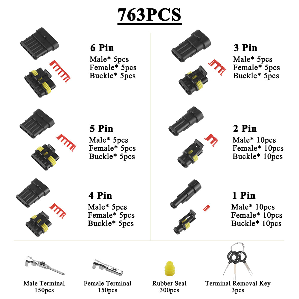 763PCS Waterproof Wire Connectors MUYI 1/2/3/4/5/6 Pin Wire Connectors Kit Male & Female Electrical Connectors with Key Pin Extractor