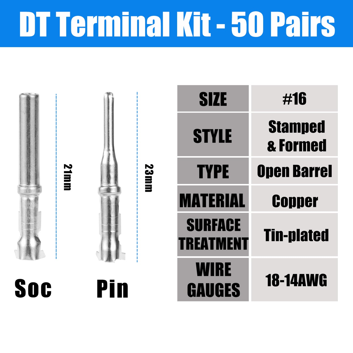 MUYI 50 Pairs DT Connector Terminals Kit, Size 16 Stamped Contacts Male Pins & Female Sockets Open Barrel Replacement Terminal for 18-14AWG
