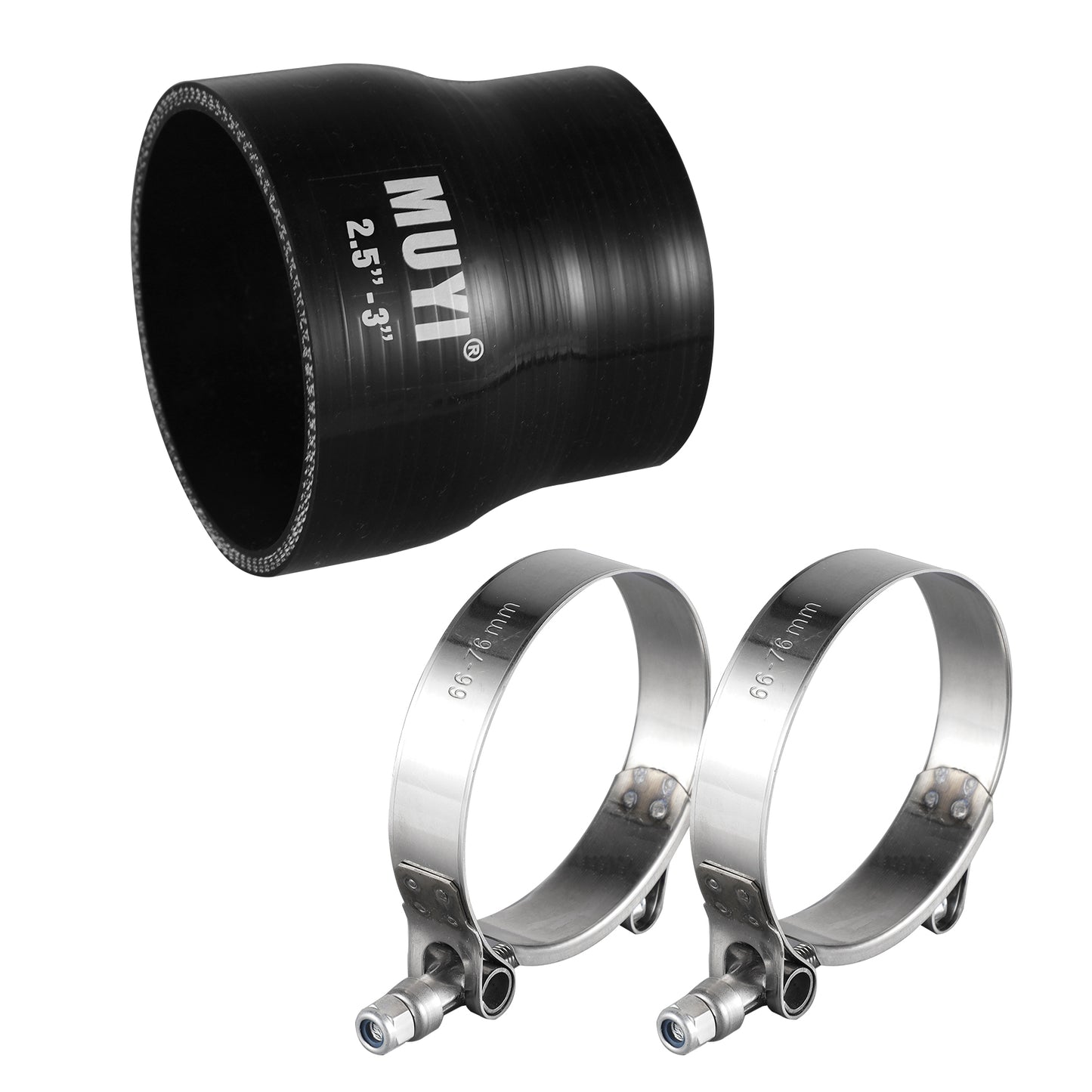 MUYI 2.5" to 3 inches Silicone Reducer Intercooler Tube Kit, 4 Layers Reinforced Straight Intake Turbo Piping Coupler Hose with 2PCS T-Bolt Clamps (Length 3", ID 63-76mm)