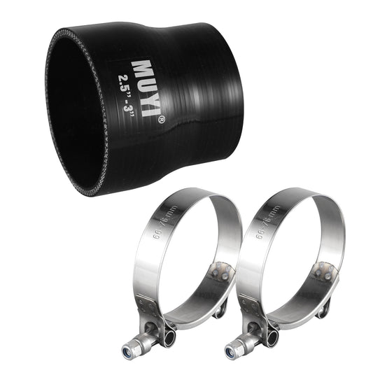MUYI 2.5" to 3 inches Silicone Reducer Intercooler Tube Kit, 4 Layers Reinforced Straight Intake Turbo Piping Coupler Hose with 2PCS T-Bolt Clamps (Length 3", ID 63-76mm)