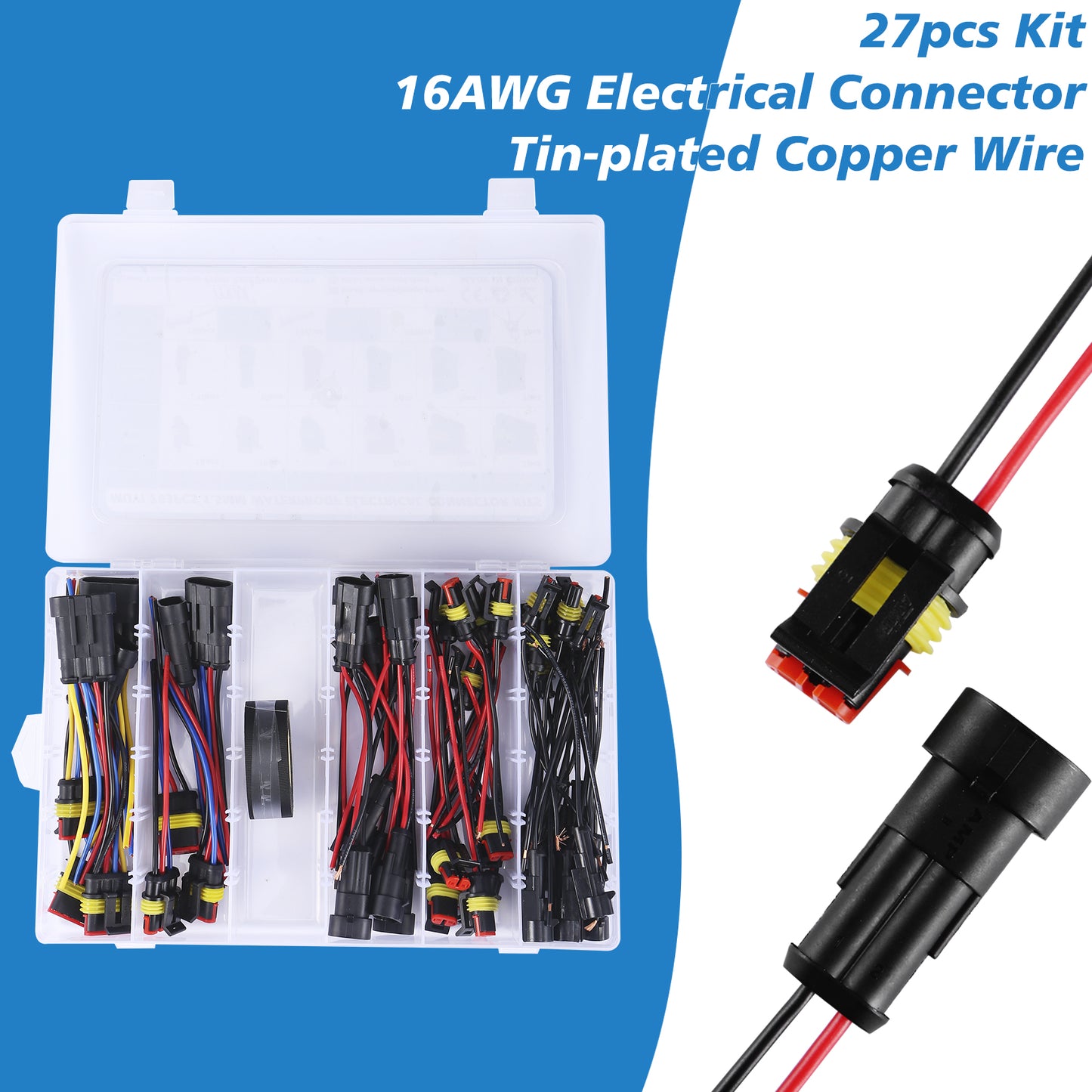 MUYI 16AWG Automotive Wire Connector, 1/2/3/4 Pin Waterproof Connectors Quick Connect Disconnect Electrical Pigtail Plugs (27 Kits, 1 Pack)