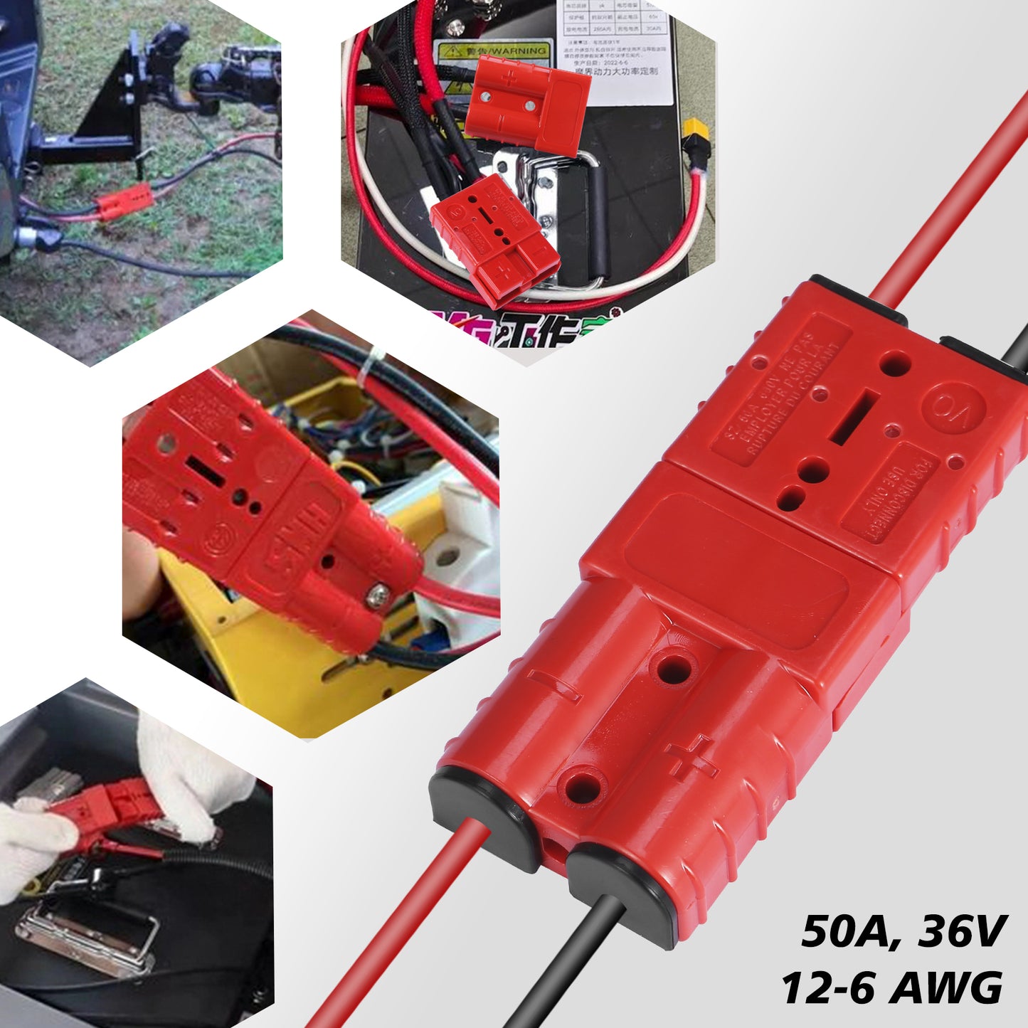 MUYI 2PCS 50Amp Battery Cable Quick Connect/Disconnect Plug Kit, 6-10 Gauge Wire Harness Connector for Recovery Winch Auto Car Trailer Marine Boat (Red)