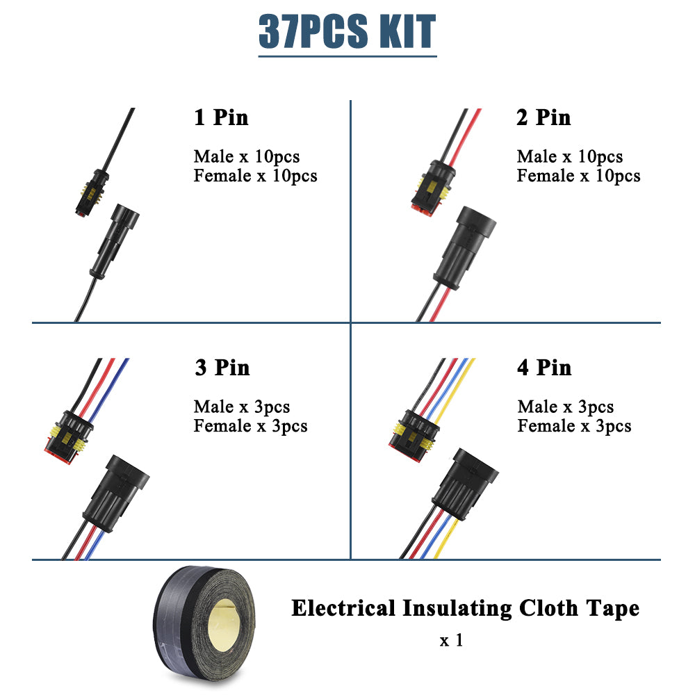 MUYI 18AWG Automotive Wire Connector, 1/2/3/4 Pin Waterproof Connectors Quick Connect Disconnect Electrical Pigtail Plugs (27 Kits, 1 Pack)