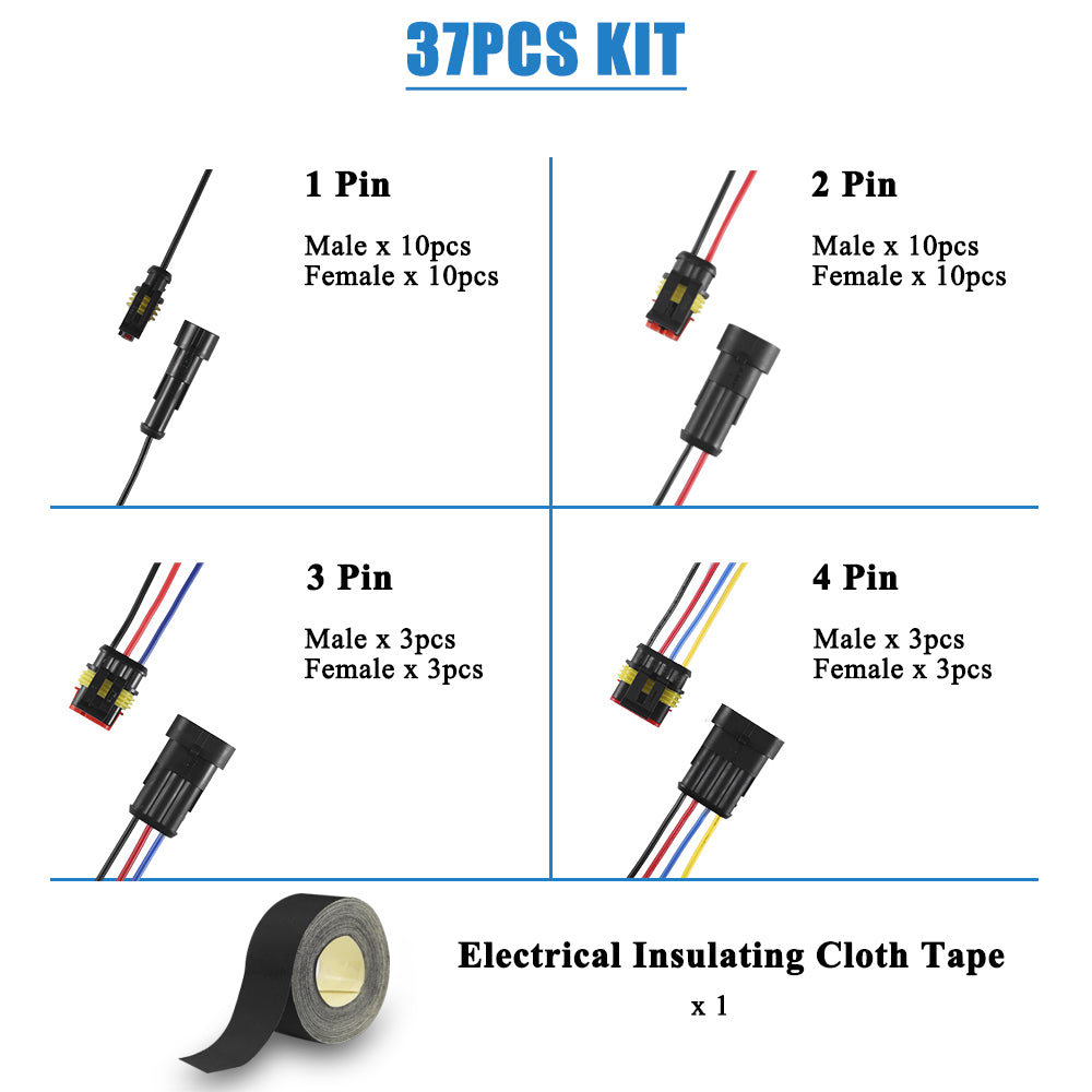 MUYI 16AWG Automotive Wire Connector, 1/2/3/4 Pin Waterproof Connectors Quick Connect Disconnect Electrical Pigtail Plugs (27 Kits, 1 Pack)