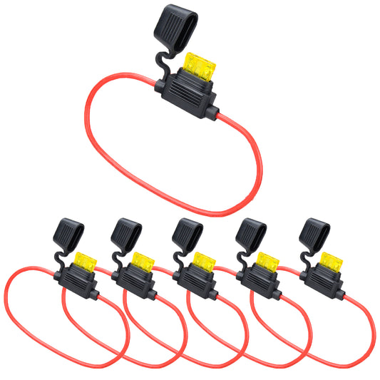 MUYI 6 Pack Inline Fuse Holder Kit - 14AWG Waterproof Pigtail Wire Loop with 20A Standard Blade Fuses ATC/ATO