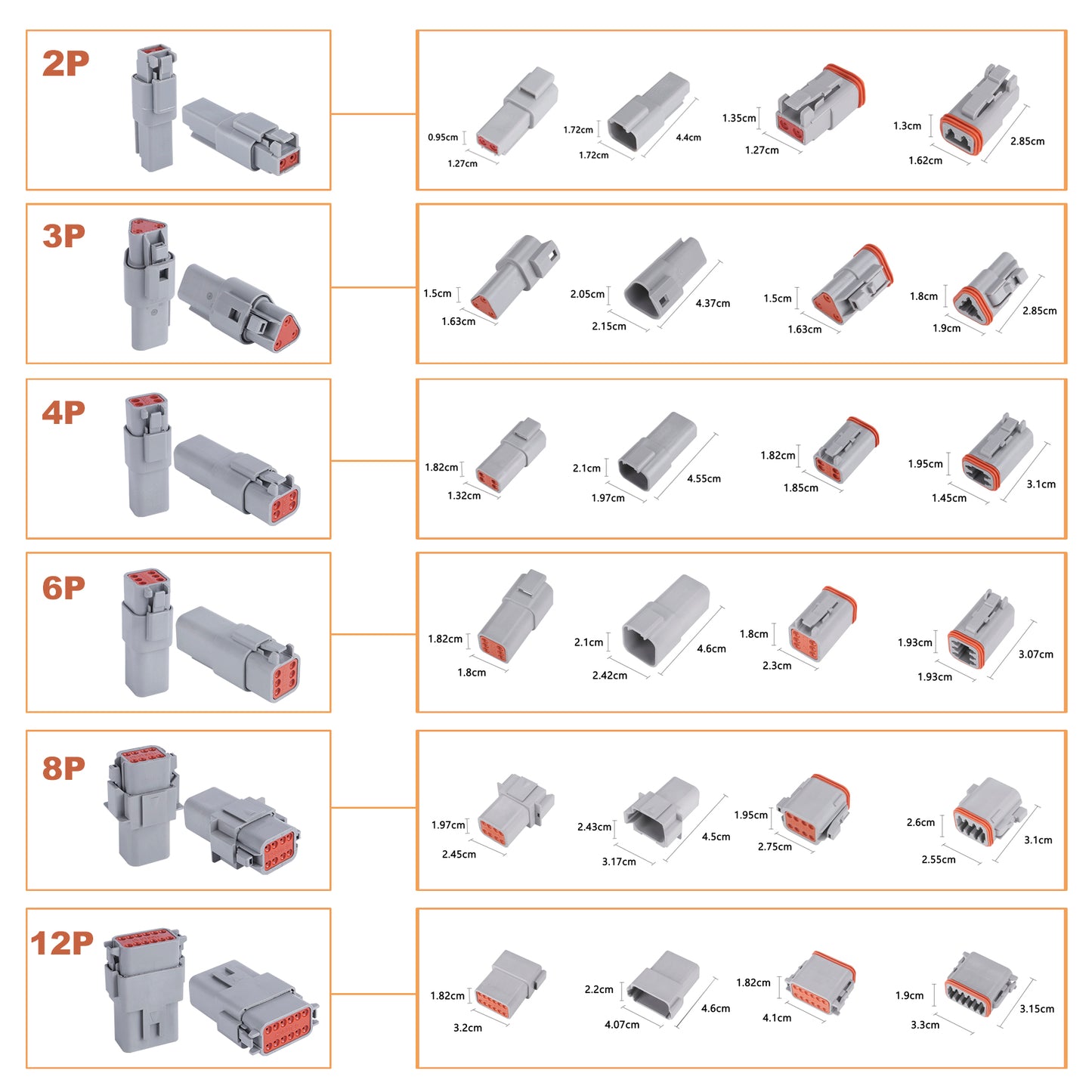 MUYI DT Connector Kit, 94PCS 2/3/4/6/8/12 Pin Waterproof Connector IP67 Heavy Duty Electrical Plug with 35 Pairs Stamped Contacts 13Amps Terminals Pin Sockets for 18-14AWG