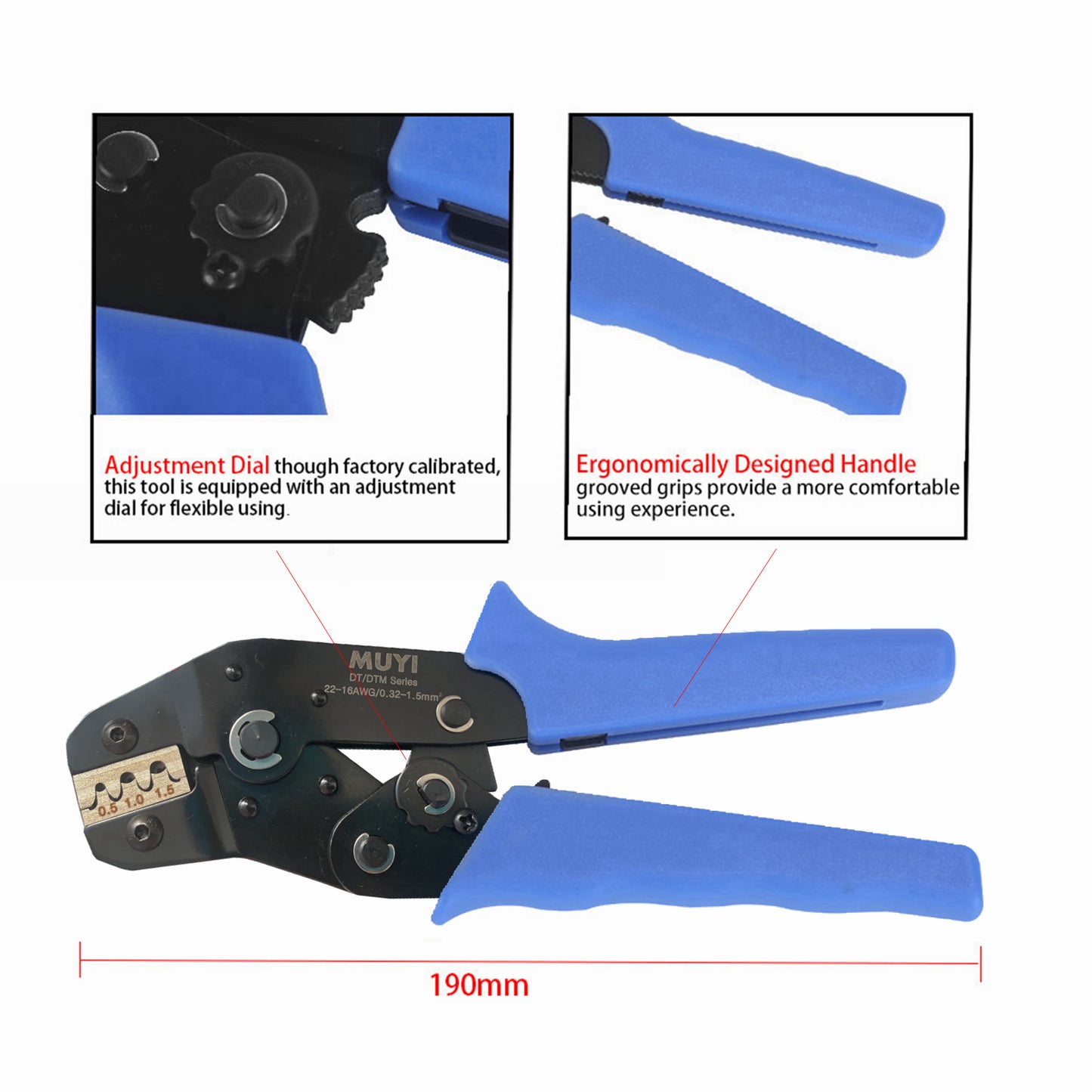 MUYI Ratchet Crimper DT Series 0.32-1.5mm² Wire Crimp Tool 22-16 AWG Ratcheting Crimping Tool